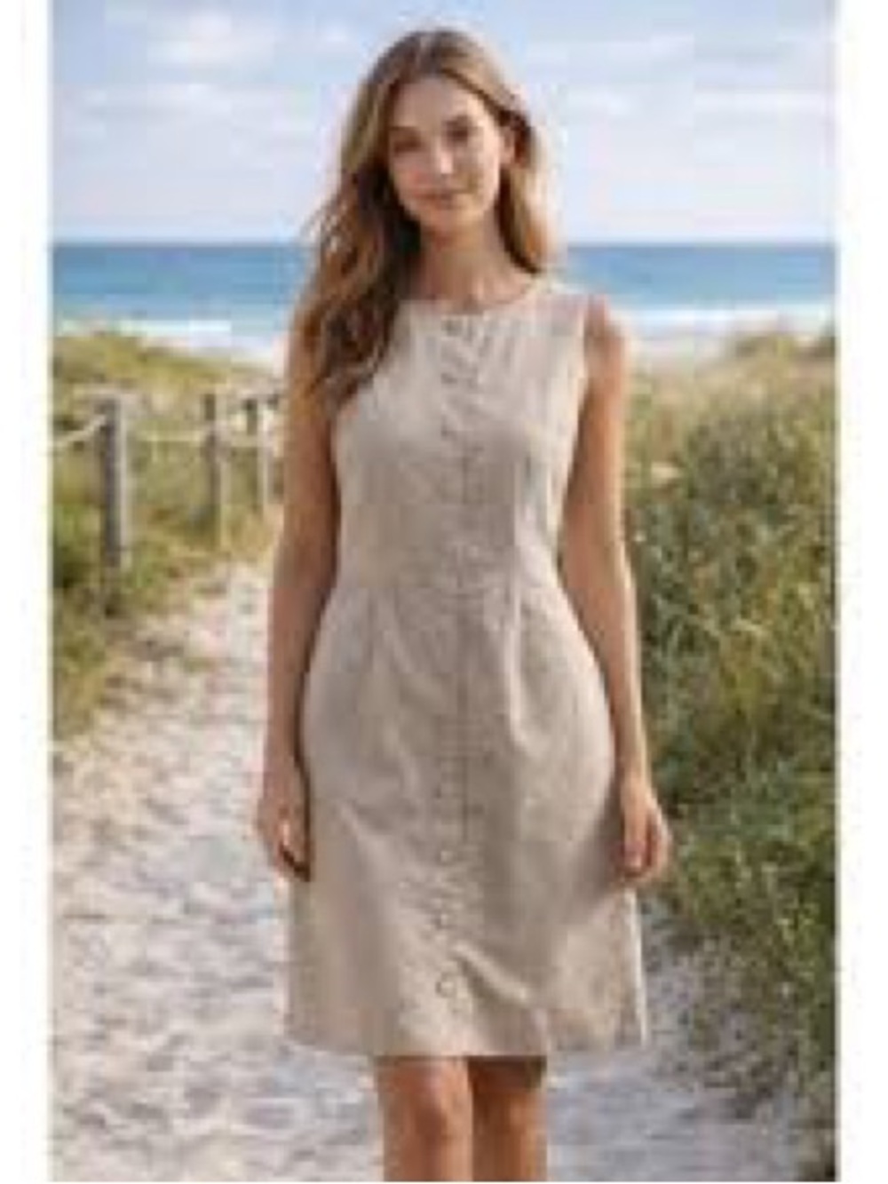 Preston & York 16/XL Sleeveless Button-Front Beige Linen Dress